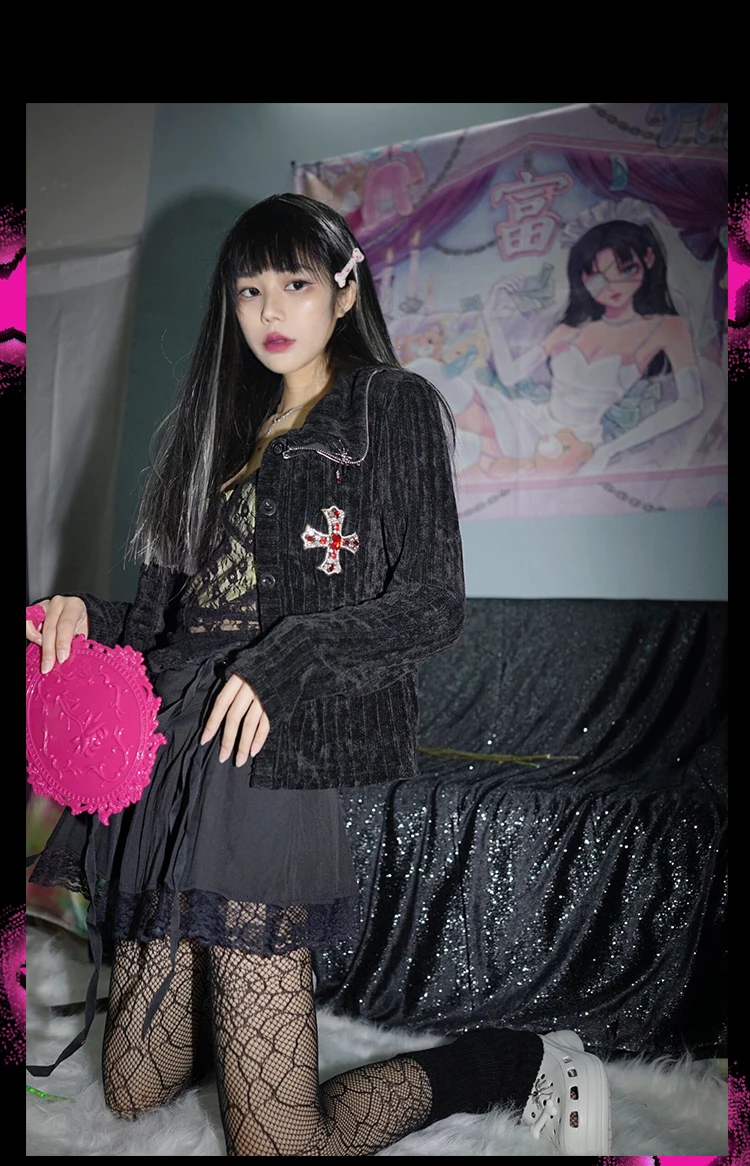 Japan Designer Gothic Punk Knitted Open Stitch Y2k Hot Girl Cross Diamonds Beading Subculture Rock Streetwear Black Jacket Women