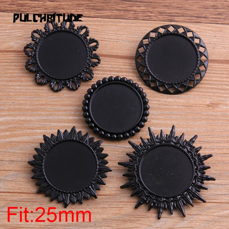 

2pcs 25mm Inner Size 2020 New Product Black Round Hollow Brooch 5 Style Cabochon Base Setting Charms Pendant