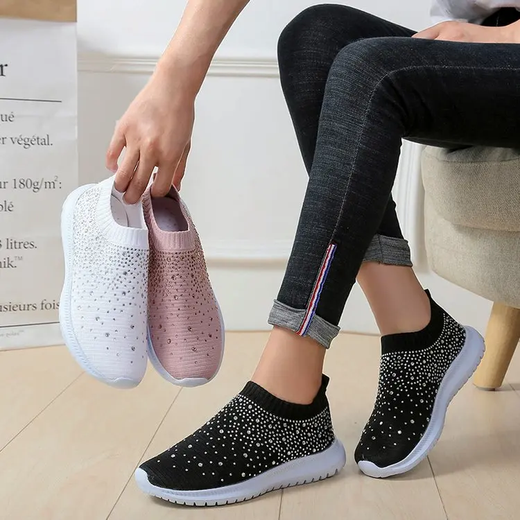 

black women casual shoes 2019 women sneakers fashion rhinestone breathable mesh platform white sport shoes woman soft footwears