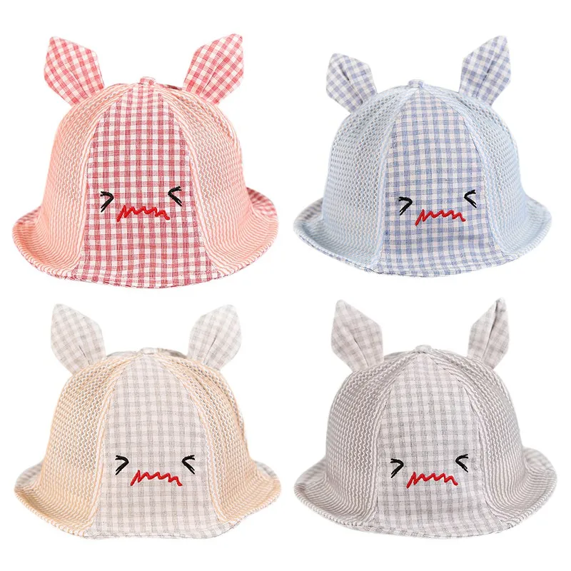 

2020 Summer Baby Boys Girls Toddler Plaid Printed Bucket Hats with Ear Design Mesh Caps Reversible Sun Headwear