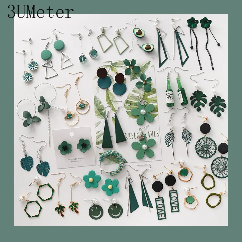 3UMeter, зеленый лес, серьги для женщин, геометрические длинные серьги с жемчугом, бахрома, цветок, серьги, авокадо, Зеленый Кристалл, серьги, подарок