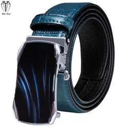 Hi-Tie Luxury Blue Genuine Leather Mens Belts Automatic Buckle Ratchet Waistband Belt for Men Male Dress Jeans Wedding Business