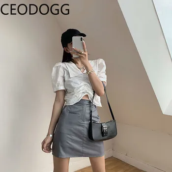 

Summer Fashion Korean Chic 2 Pcs Women Set Turn Down Collar Short Sleeve Pleat Design Blouse + High Waist Hip Button Skirt Suit