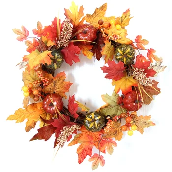 

40cm Halloween Wreath Pumpkin Berry Decoration Maple Leaf Artificial Wreath Front Door Home Decoration Thanksgiving Day
