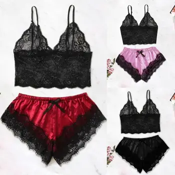 

Women Fashion Lace V Neck Pajamas Set Crop top Sleeveless Nightwear Crop Women's Sleepwear Sexy Satin Pajama Set Top and Shorts