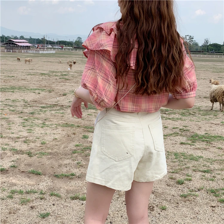 Винтажная свободная клетчатая рубашка с оборками женские летние рубашки Kawaii Ulzzang милый женский милый Топ Harajuku для женщин на каждый день