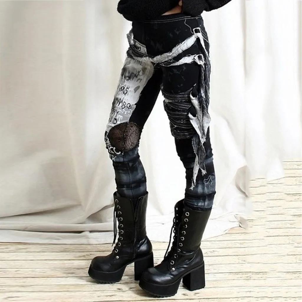 

2019 Fall Casual Gothic Office Lady Punk Style Women Leggings Plain Thin Cotton Straight Female Black Punk Tie Leggings #PYS