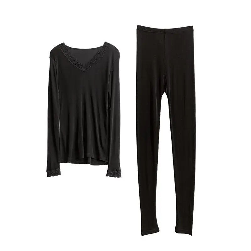 Thermal underwear sets Women Autumn Winter Long Johns Silk Lace V neck Solid