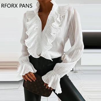 

Women Shiny Pleated ruffled long sleeve Sexy Casual Blouse Plus Size Tops Spring Tops and Blouses