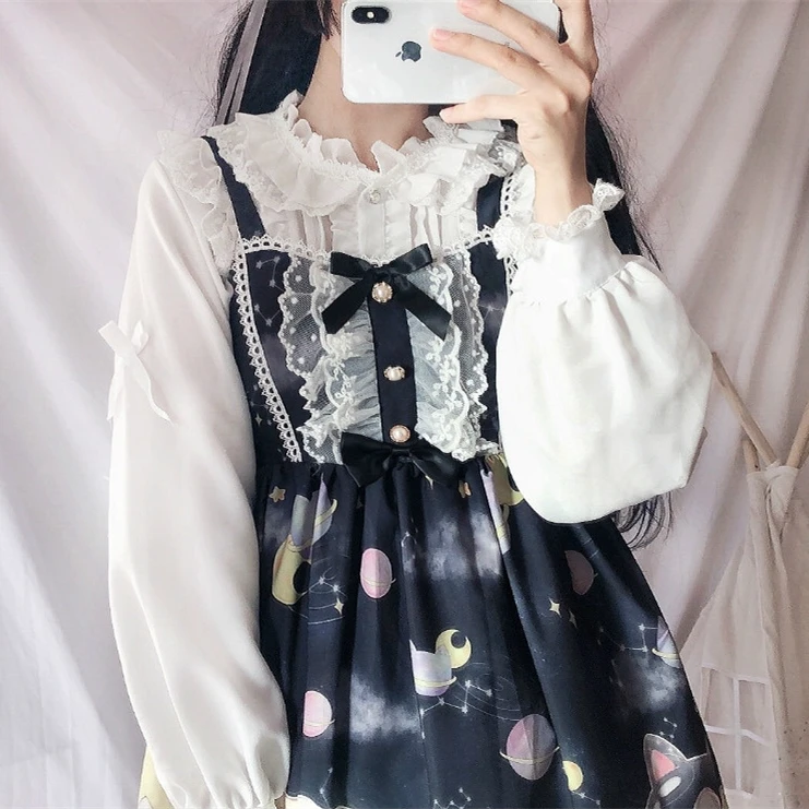 Платье в стиле Лолиты; милое платье в японском стиле Kawaii; платье принцессы для девочек в винтажном готическом стиле; кружевная розовая летняя юбка с принтом - Цвет: Sleeveless Black