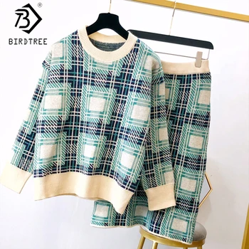

2019 Winter New Women's Ins Plaid Knitting Suits Fashion Two Pieces Set Full Sleeve O-Neck Loose Sweater Top And Skirt S9N801K