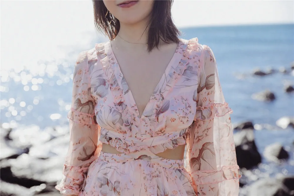 BACKFLY Sexy Deep V-neck Mini dress women Back strap Printed Long sleeve dress woman seaside holiday summer dresses robe