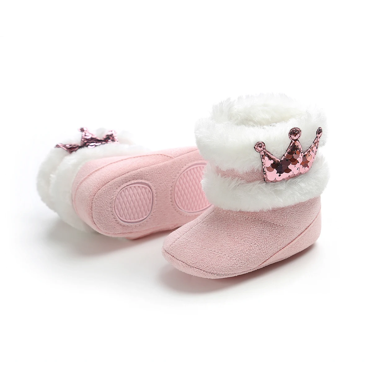 Новая детская обувь для маленьких девочек, туфли с короной, мягкая подошва, обувь для новорожденных, блестящая корона, пушистые зимние теплые ботинки