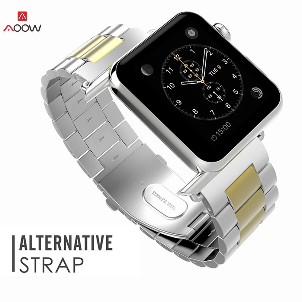 AOOW ремешок из нержавеющей стали для Apple Watch, 42 мм, 38 мм, 4, 3, 2, 1, металлический ремешок для часов, три звенья, браслет для iWatch 4, 5, 40, 44 мм