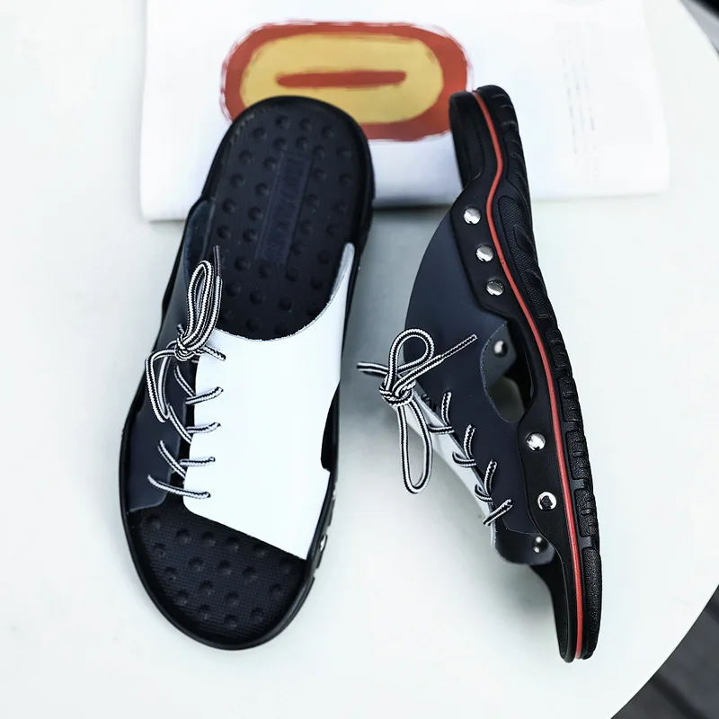 

Summer MEN'S SHOES Sandals Cowhide Surface A- line Foot Covering Lace-up Fashion Flat Handmade Sandals Slipper Large Size