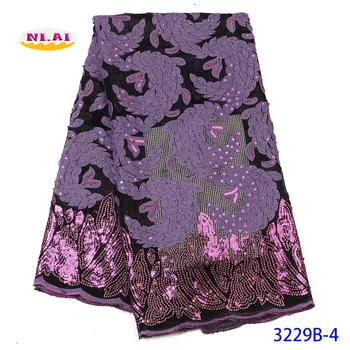 

High Quality African Sequence Embroidery Fabric Purple Nigerian Mesh Net Lace Sequins Fabrics For Wedding Dress 5Yards NA3229B-2