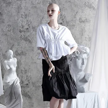 

2019 Personality Hundred Erection Plan Feeling Waist Irregular Lotus Leaf Edge Short Sleeve White T Shirt Blouse