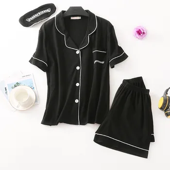 

2020 Couple Pajamas Men and Women Summer Short-sleeved Cotton Cardigan Cute Sweet Suit Lapel Cotton Home Service Pigiami Donna