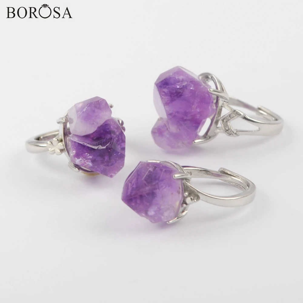 BOROSA 10 шт серебряных различных когтей ободок натуральные аметисты граненые Открытые Кольца фиолетовые кварцевые кольца ювелирные изделия заводская розетка ZG0432