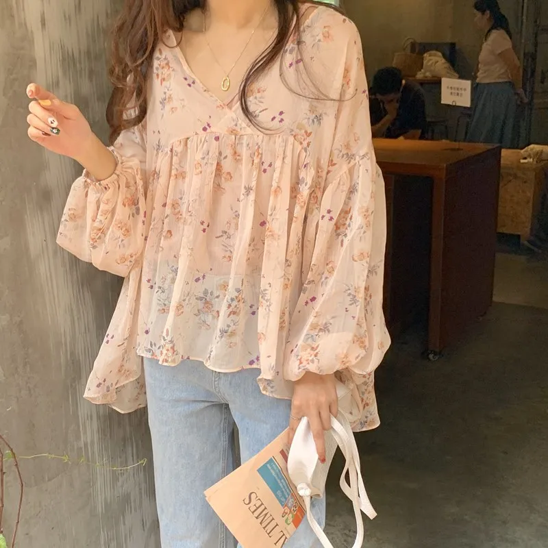 

Romance Sheer Transparent Chiffon Blouse Flower Print Lantern Sleeve Shirt Women Top Chemise Femme Chemisier Blusa Mujer