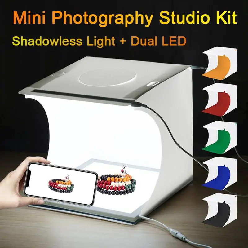 

20CM Mini Folding Studio Lightbox Soft Box LED Panels Shadowless Light Shooting Tent Box w 6pcs Backdrops Photography Background