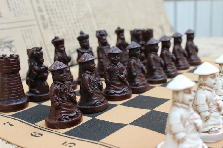 Antique Chess Medium Size PVC Chessboard Qing Pawn Chess Pieces Figure Shape Child Gift Toys Kids Set Board Game Home