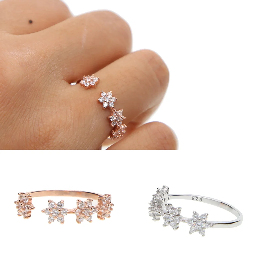 Женское Открытое кольцо из серебра 100% пробы с цветами и фианитом|ring flower|open ringfashion