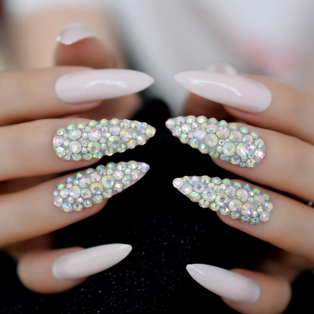 Luxury Strass Fake Nails AB Rhinestone Decorative Extra Long Ballerina White Full Cover Artificial Tips Natural 24