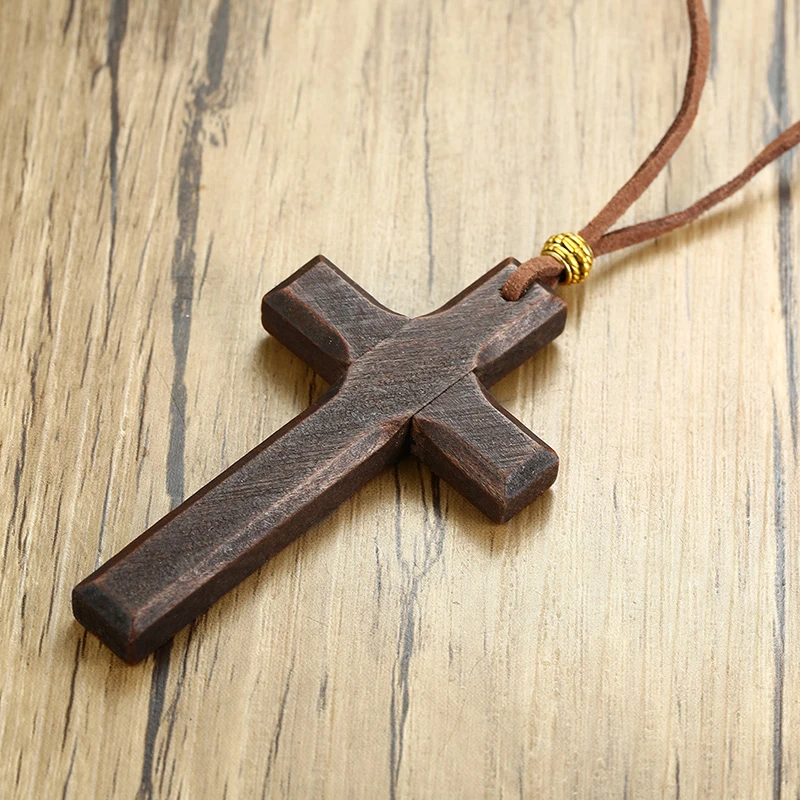 

Brown Men's Wooden Cross Necklace Pendant Jesus Christ Lord Prayer Long Leather Chains Link 35inch