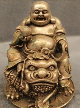 

004209 7" Chinese Silver Wealth Happy Laugh Maitreya Ride Golden Toad Spittor Statue