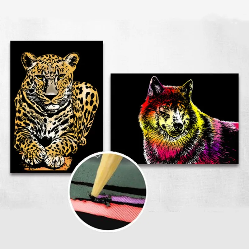 Scratch Art Paper (A4) for Kids & Adults, Rainbow Painting Night View  Scratchboard, Art Craft, Crafts Set: 4 Scratch Cards  Tiger/Leopard/Lion/Wolf 