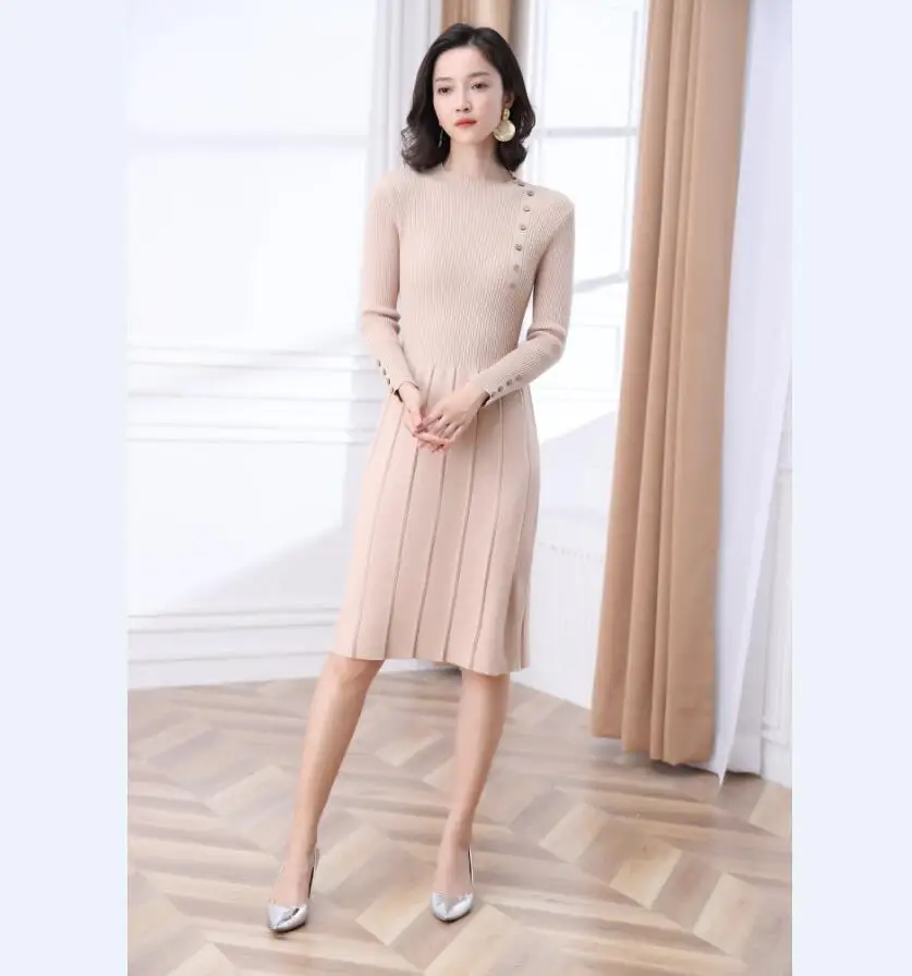Новые осенне-зимние трикотажные платья-свитера женские эластичные вязаные платья с круглым вырезом и длинным рукавом