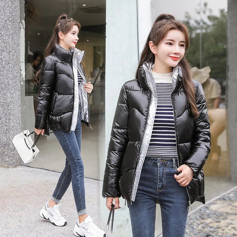 

Winter Parkas Harajuku Black Cropped Reflective Short Jackets for Women Clothing Basic Zipped Sleeves Warm Windbreaker Plus Size