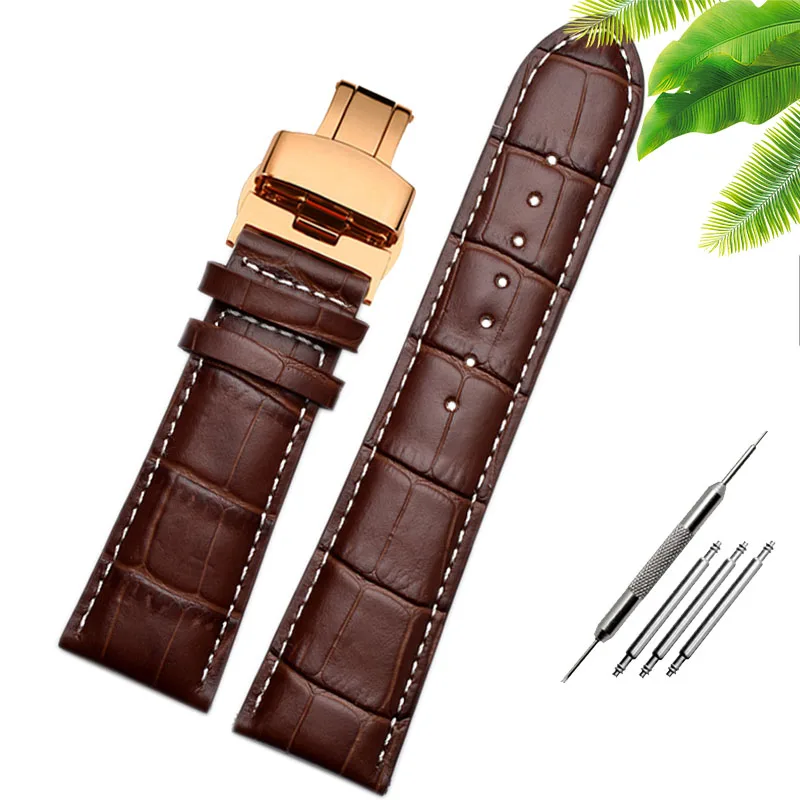 Wide Black & Brown Alligator Leather Watch Strap with Butterfly Clasp - Men's, Free Shipping