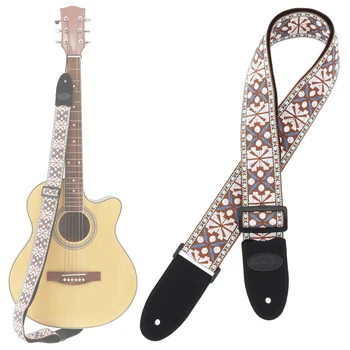 

Jacquard Weave Double Fabric Flowers Pattern Guitar Strap Genuine Leather Cow Suede Ends with for Acoustic Electric Guitar Bass