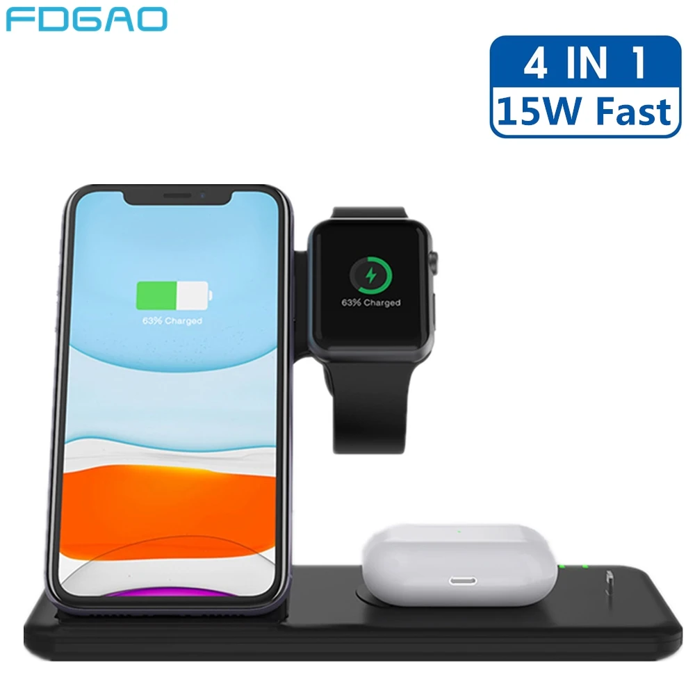 4 In 1 15W Wireless Charger Stand for iPhone 8 X XS Max XR 8 11 12 Apple Watch 6 SE 5 Airpods Pro Qi Fast Charging Dock Station