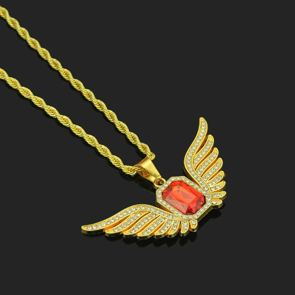 

Gold Angel Wings Hip Hop Pendant Bling Full CZ Rhinestone Red Gem Charm Chain Luxury Necklace for Women Men Jewelry