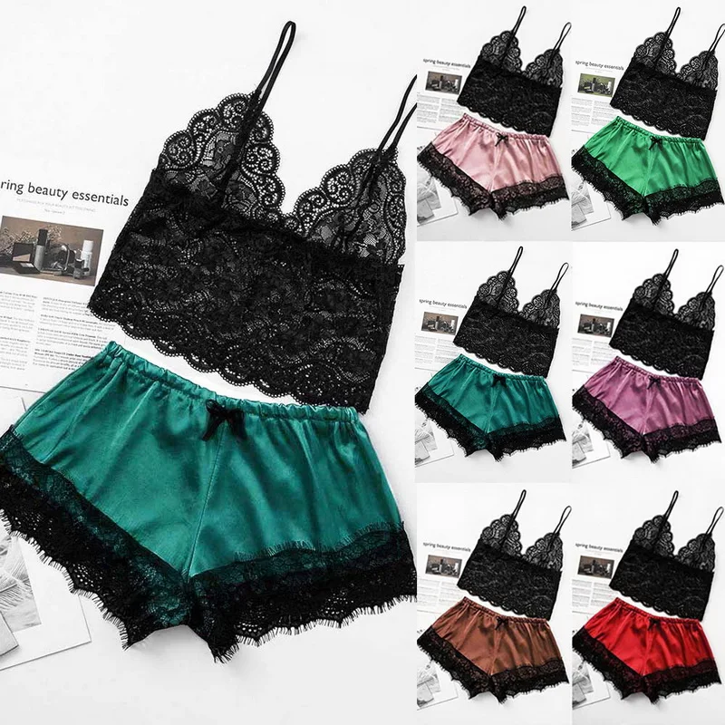 Sexy Pajamas For Women  Lace Summer Sleepwear Satin Sleep Tops Lingerie Dropship Women