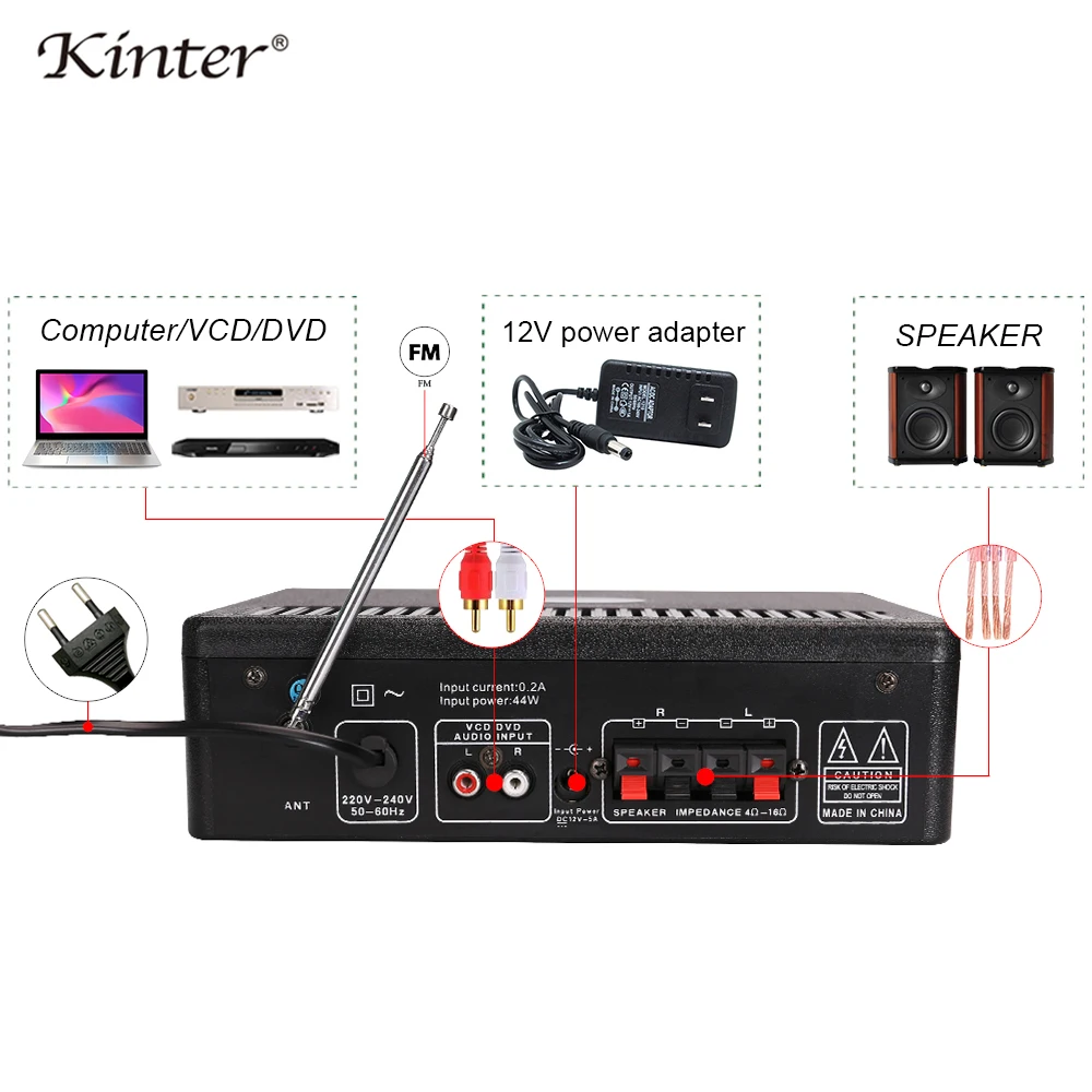 Kinter-012 BT усилитель аудио воспроизведение стерео усилитель звука 2,0 канал с bluetooth SD USB ввод управление бас ВЧ микрофон эхо