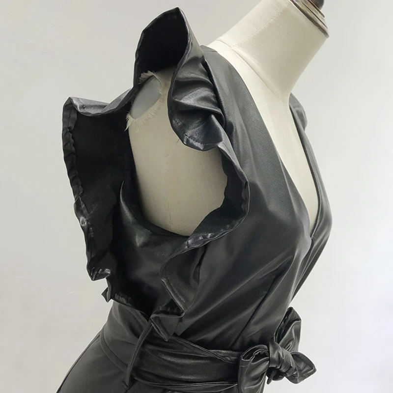 SeeBeautiful, новая мода, весенний простой женский комбинезон из искусственной кожи с v-образным вырезом, коротким рукавом, поясом, бантом и молнией сзади, Q713