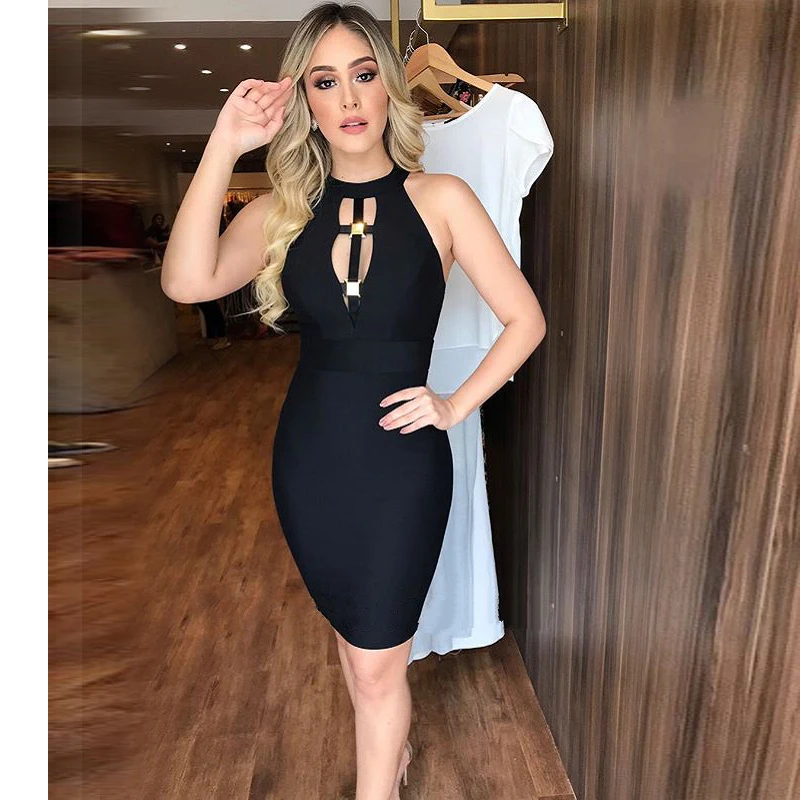 

2019 Summer Black Halter Bandage Dress Women High Quality Sexy Backless Sleeveless Beads Luxury Party Dresses Vestido Wholesale