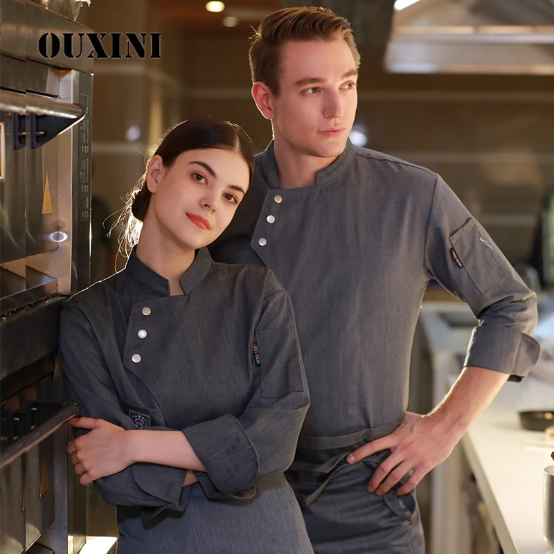 Gray Chef Jacket Long Sleeves Restaurant Uniform Women and Men Kitchen Catering Black Cook Clothes Bakery Overalls | Тематическая