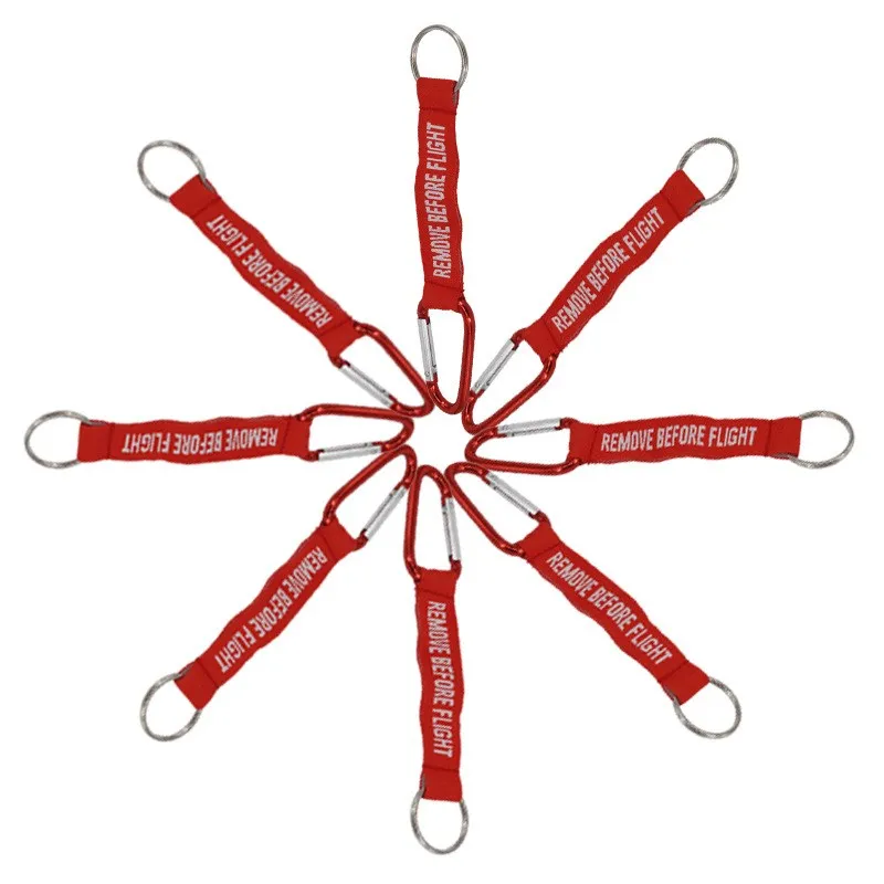 

2020 Best-Selling Mountaineering Bag Clasp Key Chain In Red Clasp Remove Before Flight Key Chains Double-Sided Letter Key Rings