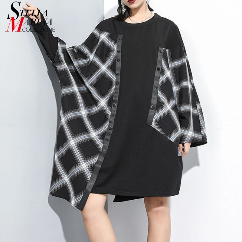 

New 2019 Korean Style Women Winter Clothes Black Plaid Patchwork Dress Batwings Sleeve Plus Size Ladies Loose Mini Dress J222