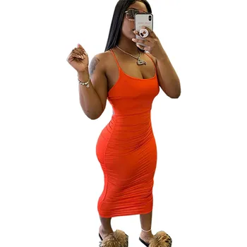 

2020 Spaghetti Strap Backless Summer Dress Women Sleeveless Ruched Bodycon Maxi Dress Sexy Night Party Long Dress Robe Femme