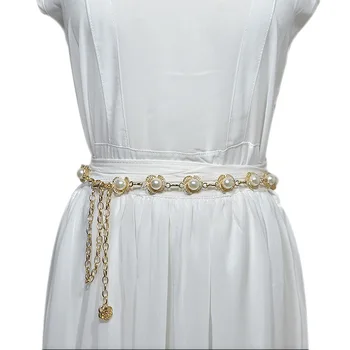 

Bohemian wind pearl Flowers waist chain belt for women 2019 new luxury brand Metal female belt cinturones de mujer de moda