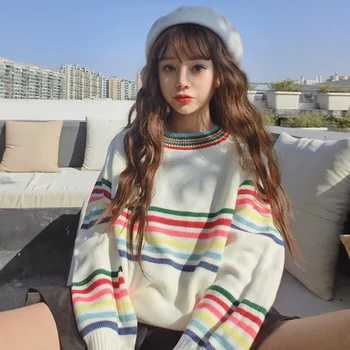 

Women Striped Sweaters 2019 Long Sleeve O-Neck Pullover Tops Autumn Loose Sweater Warm Knitted Tops