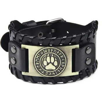 

Hot Viking Wolf Claws Braided Genuine Leather wide Bracelets for men Nordic Runes Wristbands Odin Symbol Bangles Gift
