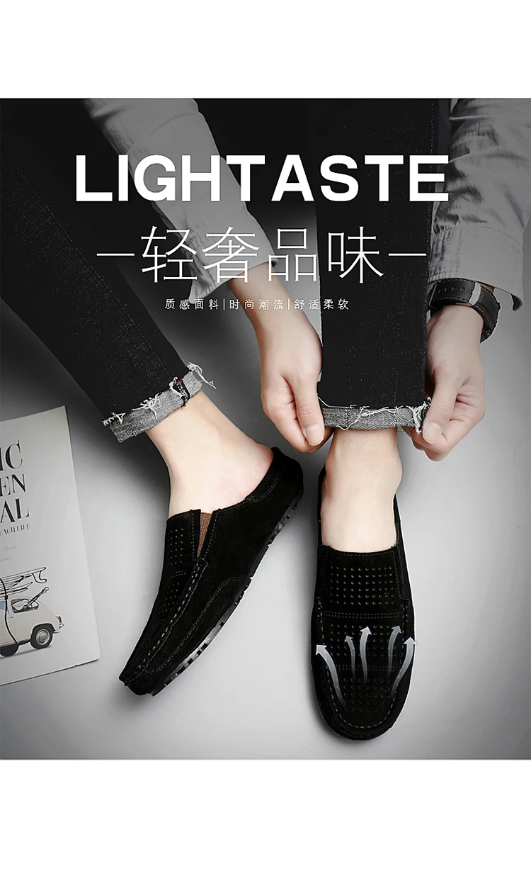 Man Summer Fashion Pig Skin Casual Half Shoe Male Breathable Soft Backless Half Loafers Hombre Open Back Leather Comfy Mocassins