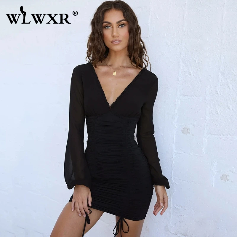 

WLWXR Lace Up Ruched Pleated Mesh Bodycon Dress Women White Black Wrap Mini Dress Autumn Bandage Sexy Club Party Short Dresses